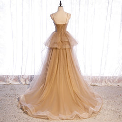 Homecoming Dress Website, Champagne Tulle Sweetheart Straps Long Ball Gown Prom Dresses, Champagne Party Dresses