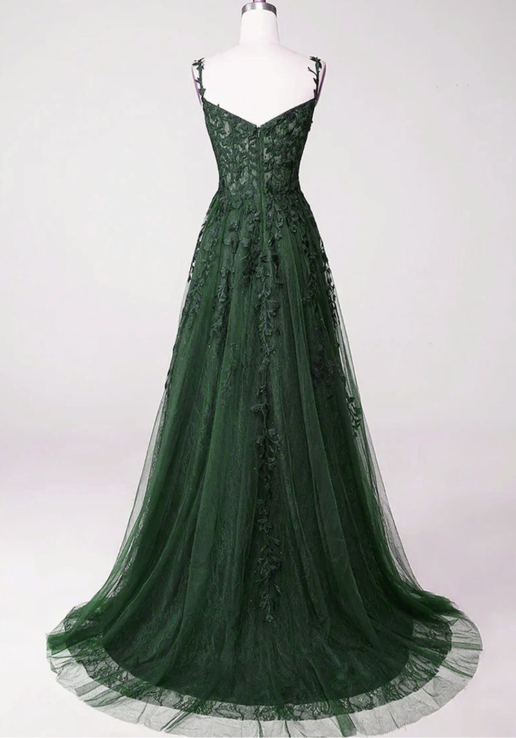 Green Prom Dress, Chic Green Straps Tulle with Lace Party Dress, A-line Sweetheart Floor Length Prom Dress