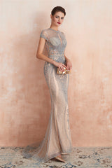Prom Dress Long Sleeves, Mermaid Round Neck Long Prom Dresses with Crystal Beading