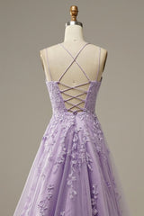 Mafia Dress, Custom Made Lace Lilac Prom Dresses Long Evening Dress Spaghetti Straps Formal Gown with Train
