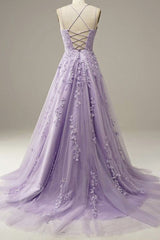 Engagement Dress, Custom Made Lace Lilac Prom Dresses Long Evening Dress Spaghetti Straps Formal Gown with Train