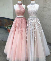 Party Dress Design, Custom made two pieces tulle long prom dress, lace evening dress