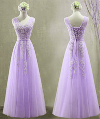Burgundy Prom Dress, Cute Light Purple Tulle with Lace V-neckline Prom Dress, Long Evening Gown Formal Dress