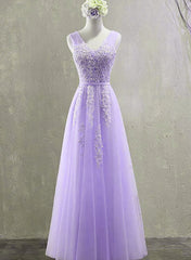 Dress To Wear To A Wedding, Cute Light Purple Tulle with Lace V-neckline Prom Dress, Long Evening Gown Formal Dress