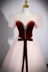 Prom Dress Mermaid, Cute Tulle Long Prom Dress with Velvet, A-Line Short Sleeve Evening Dress