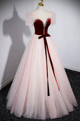 Prom Dress Chicago, Cute Tulle Long Prom Dress with Velvet, A-Line Short Sleeve Evening Dress