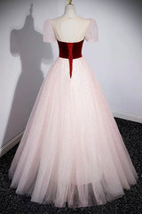 Prom Dresses Chicago, Cute Tulle Long Prom Dress with Velvet, A-Line Short Sleeve Evening Dress