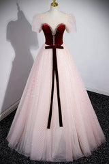 Prom Dresses Mermaide, Cute Tulle Long Prom Dress with Velvet, A-Line Short Sleeve Evening Dress