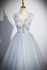 Prom Dresses Country, Cute V-Neck Tulle Long Prom Dress, Gray Evening Dress Party Dress