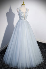 Prom Dresses Champagne, Cute V-Neck Tulle Long Prom Dress, Gray Evening Dress Party Dress