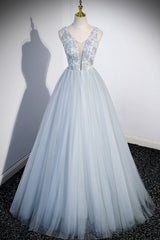 Prom Dresses Prom Dressprom Dress Prom Dresses, Cute V-Neck Tulle Long Prom Dress, Gray Evening Dress Party Dress