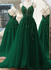 Gold Prom Dress, Dark Green A-line V-neckline Tulle and Lace Party Dress, Green Long Prom Dress