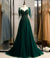Homecoming Dress Online, Dark Green Beaded Tulle Straps A-line Formal Dresses, Green Evening Dress Prom Dresses