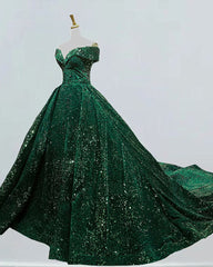 Prom Dress Under 50, Dark Green Sequins Off Shoulder Ball Gown Sweet 16 Dress, Dark Green Prom Dress