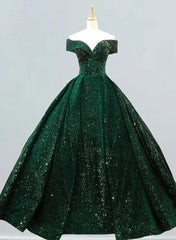 Prom Dress 00, Dark Green Sequins Off Shoulder Ball Gown Sweet 16 Dress, Dark Green Prom Dress