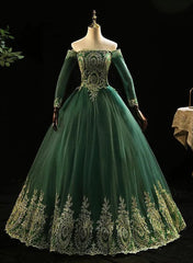 Bridesmaid Dresses Under 100, Dark Green Sleeves with Gold Lace Sweet 16 Dress, Dark Green Long Formal Dress