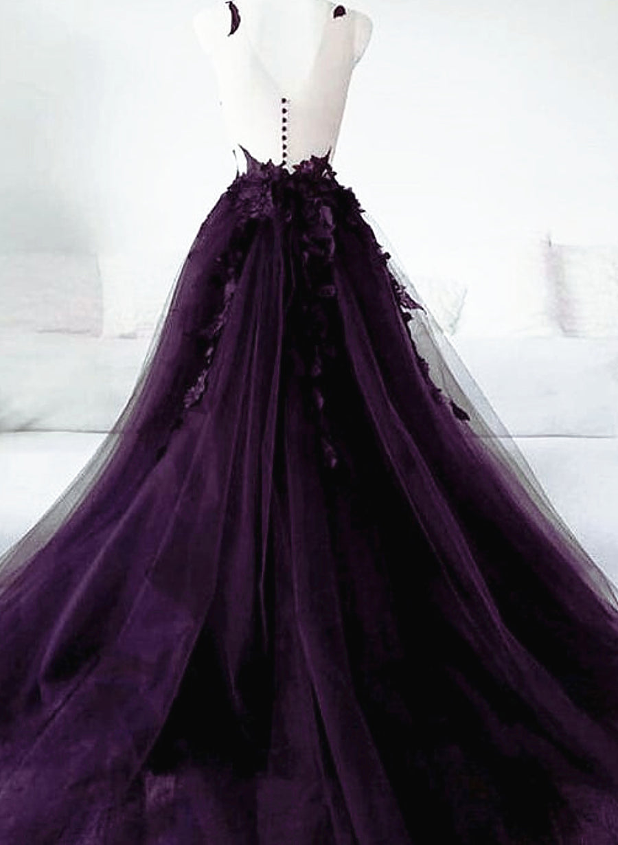 Party Dress Casual, Dark Purple Tulle with Lace Applique Formal Dress, Purple Evening Dress