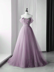 Formal Dress Places Near Me, Elegant Tulle Long Party Dress with Flowers, A-line Tulle Evening Dress Prom Dress