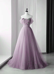 Formal Dress For Wedding, Elegant Tulle Long Party Dress with Flowers, A-line Tulle Evening Dress Prom Dress