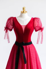 Vintage Dress, Elegant V-Neck Tulle and Velvet Long Prom Dress, Burgundy A-Line Evening Dress