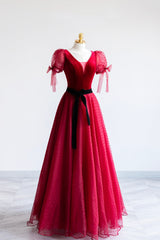 Dream, Elegant V-Neck Tulle and Velvet Long Prom Dress, Burgundy A-Line Evening Dress