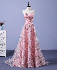 Party Dresses Sales, Pink Tulle 3D Flowers Long Prom Dress, Pink Evening Dress