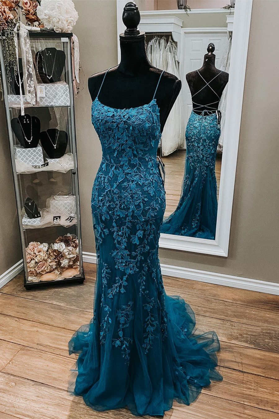 Homecoming Dresses Classy, Stunning Blue Lace Appliqus Long Prom Dress
