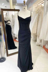 Homecomming Dresses Blue, Black Pleated Long Prom Dress with Spaghetti Straps