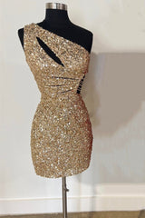 Homecoming Dresses For Middle School, One Shoulder Gold Cutout Sequin Tight Homecoming Dress