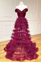 Prom Dress Unique, Off the Shoulder Burgundy Pleated Sheer Tiered Prom Dress