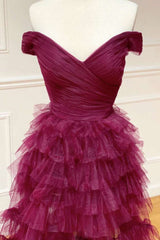 Prom Dresses Unique, Off the Shoulder Burgundy Pleated Sheer Tiered Prom Dress