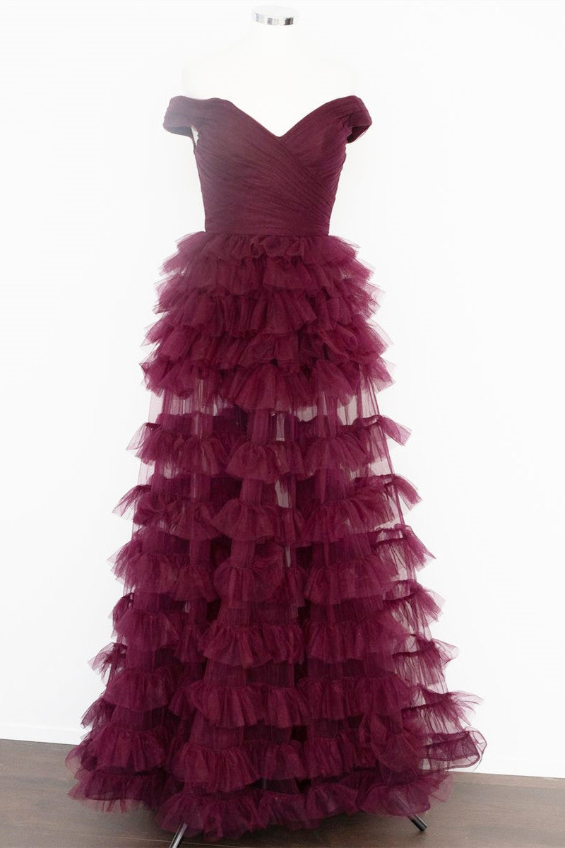 Prom Dress Cheap, Off the Shoulder Burgundy Pleated Sheer Tiered Prom Dress