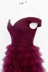 Prom Dress Beautiful, Off the Shoulder Burgundy Pleated Sheer Tiered Prom Dress
