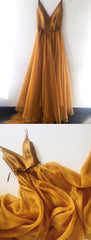 Prom Dresses Champagne, Spaghetti Strap A Line V Neck Gold Formal Cheap Long Prom Dresses