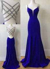 Prom Dresses Sleeves, Sexy Mermaid Spaghetti Straps Royal Blue Long Prom Dress With Beading
