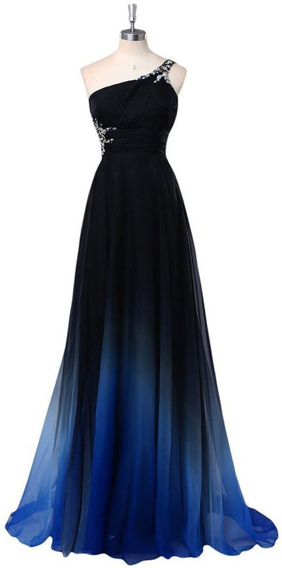Prom Dress With Sleeves, One Shoulder Chiffon Prom Evening Dress With Beads