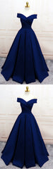 Prom Dresses 2035 Cheap, Navy Blue Satin V Neck Off Shoulder Prom Dresses, Long Evening Gowns