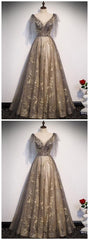 Short Black Dress, Elegant V Neck Gray Gold Tulle Lace Long Prom Dress, Tulle Formal Dress
