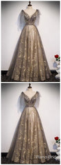 Hoco, Elegant V Neck Gray Gold Tulle Lace Long Prom Dress, Tulle Formal Dress