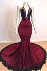 Formal Dresses For Wedding Guests, Burgundy Halter Deep V Neck Mermaid Prom Dress with Lace, Long Evening Gown