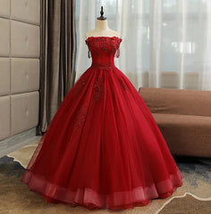 Formal Dresses For Middle School, Glam Wine Red Quinceanera Dress Party Dress, Tulle Long  Embroidered with Flowers Formal Dress