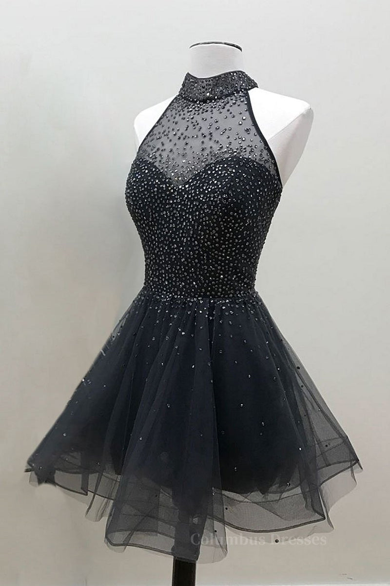 Party Dress Renswoude, Glamorous A Line High Neck Beaded Tulle Short Black Prom Dresses, Beaded Black Homecoming Dresses, Black Short Formal Graduation Evening Dresses