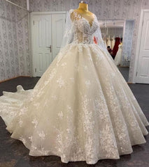 Wedding Dresses Online, Glamorous Long Sleevess Lace A line Bridal Gown Pirncess Wedding Dress