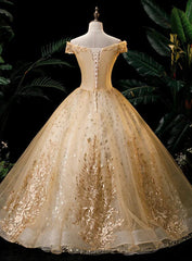 Prom Dresses Off Shoulder, Gold Ball Gown Tulle with Lace Applique Formal Dress, Gold Sweet 16 Dress