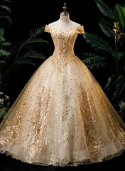 Prom Dresses For Skinny Body, Gold Ball Gown Tulle with Lace Applique Formal Dress, Gold Sweet 16 Dress