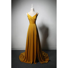 Prom Dress Glitter, Goleden V-neckline Straps Long Party Dress with Leg Slit, Long Gold Evening Dress Prom Dress