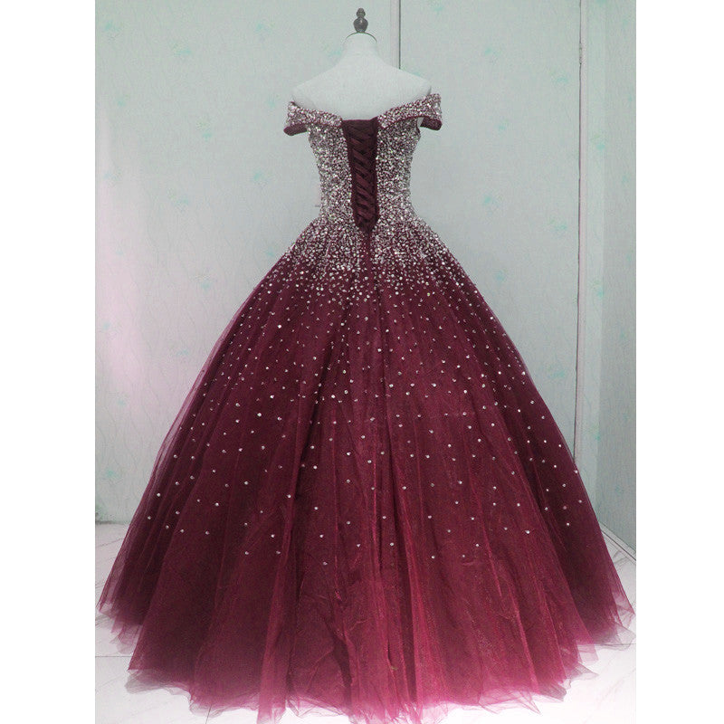 Party Dress Silk, Gorgeous Sparkle Burgundy Off Shoulder Sweet 16 Gown, Burgundy Prom Dress
