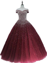 Party Dress Boho, Gorgeous Sparkle Burgundy Off Shoulder Sweet 16 Gown, Burgundy Prom Dress