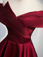 Evening Dresses Yellow, Gorgeous Wine Red Satin Off Shoulder Party Dress , Wine Red Prom Dresses
