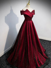 Evening Dresses For Ladies Over 50, Gorgeous Wine Red Satin Off Shoulder Party Dress , Wine Red Prom Dresses